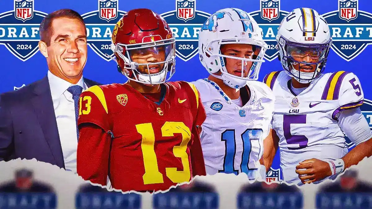 Joe Schoen, Caleb Williams, Drake Maye, Jayden Daniels. NFL Draft logo in background