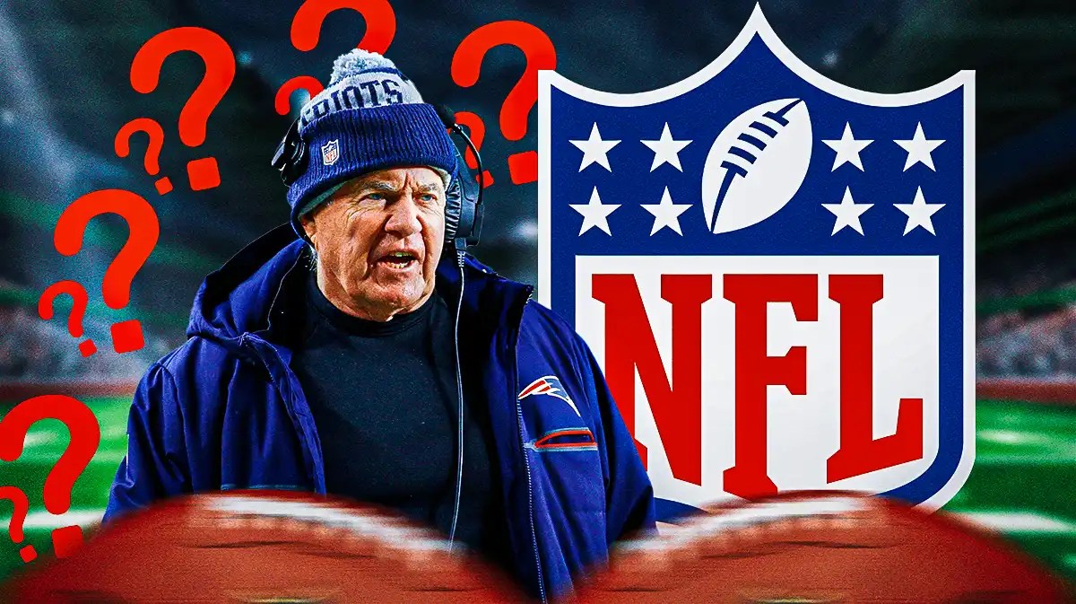 Bill Belichick with the NFL logo behind him and question marks all around.