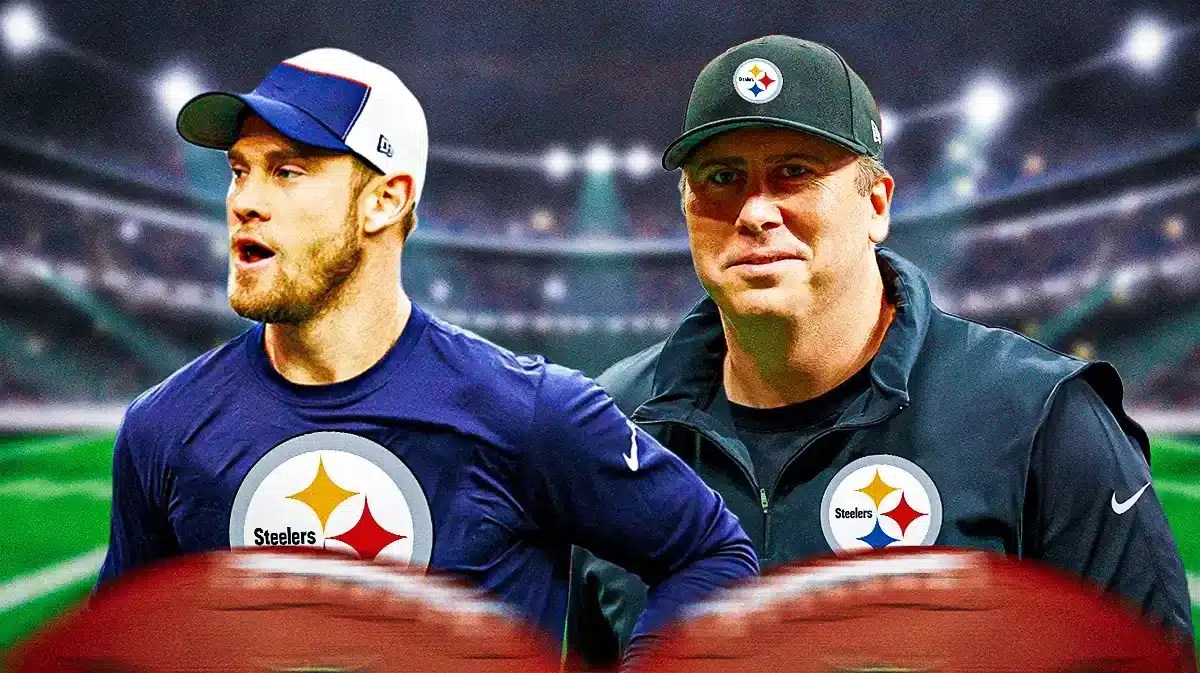 Photo: Ryan Tannehill and Arthur Smith in Steelers gear with Steelers logo