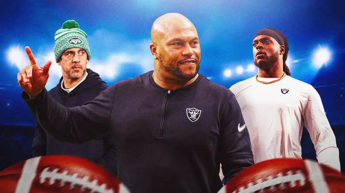 Raiders Antonio Pierce, Mark Davis and Davante Adams with Jets Aaron Rodgers