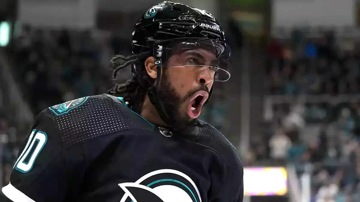 San Jose Sharks left wing Anthony Duclair (10) reacts after scoring a goal against the Columbus Blue Jackets during the second period at SAP Center at San Jose.
