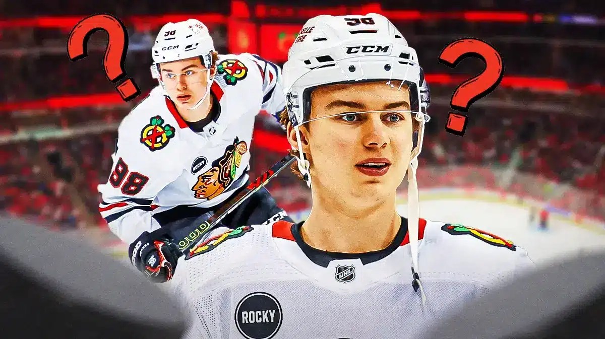 Connor Bedard looking serious in front. In background, Connor Bedard playing hockey. Place a question mark in image.