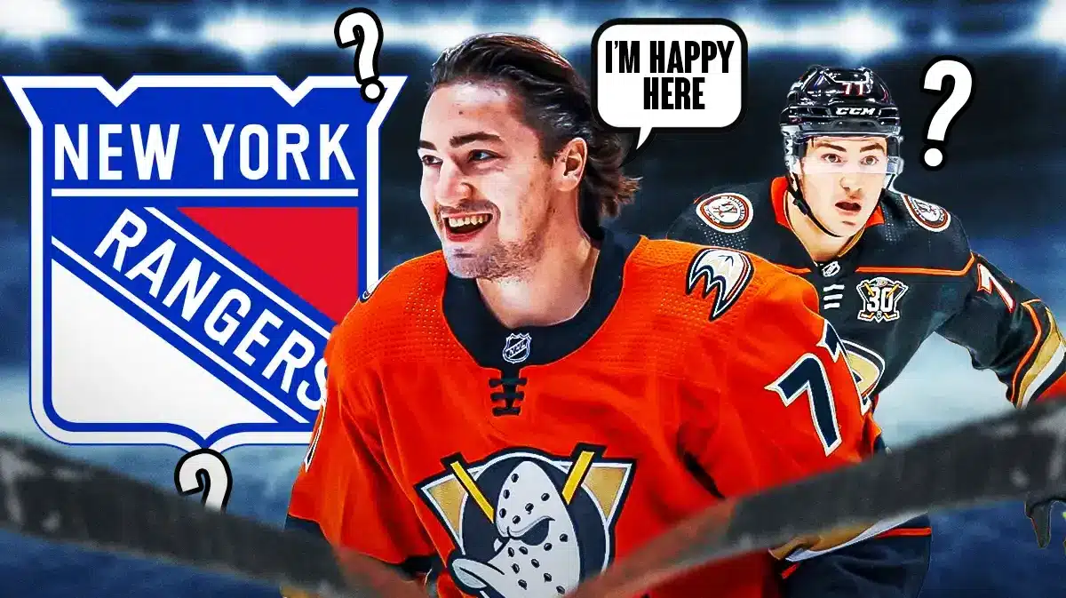Frank Vatrano in middle of image with speech bubble: “I’m happy here” , NY Rangers logo in image, 3-5 question marks, hockey rink in background NHL Power Rankings