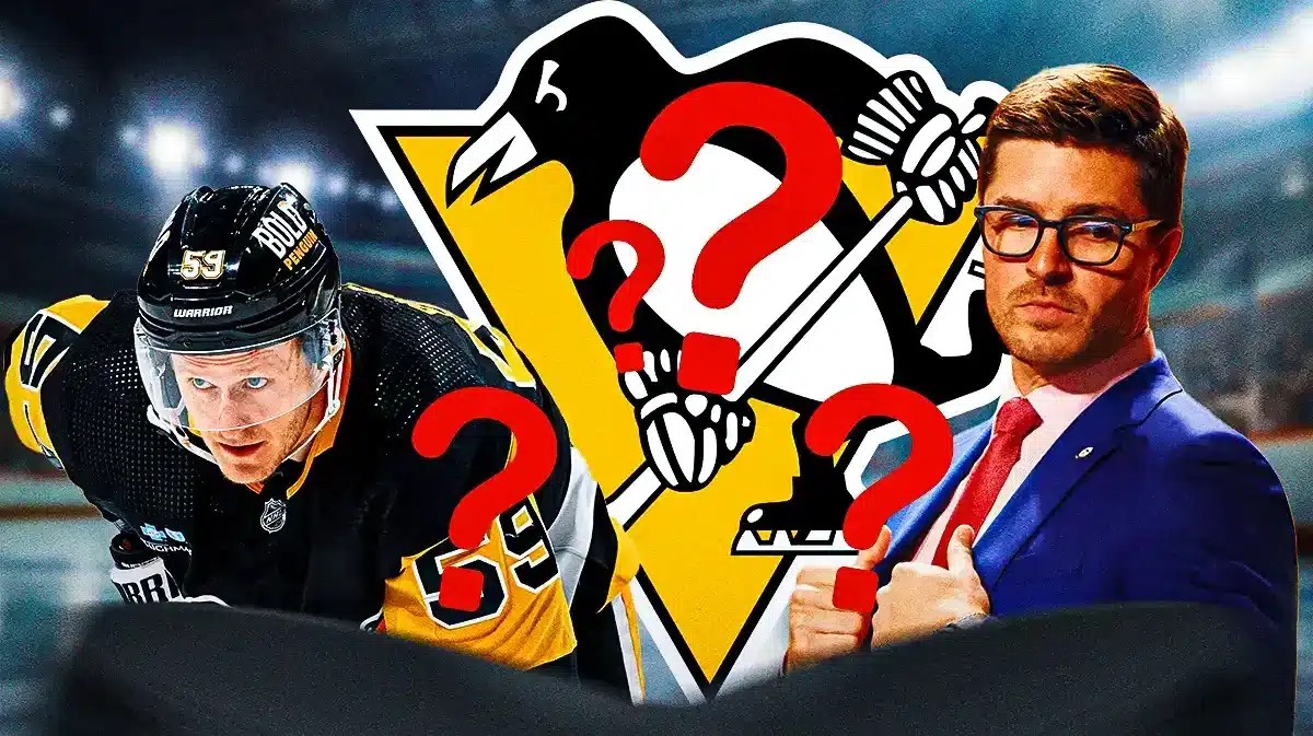Jake Guentzel and Kyle Dubas both looking stern on either side, PIT Penguins logo in middle, 3-5 question marks, hockey rink in background