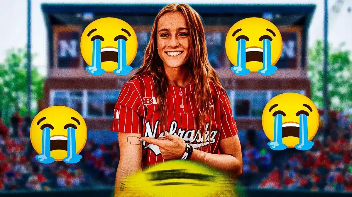 Jordy Bahl in a Nebraska softball uniform with crying emojis all around