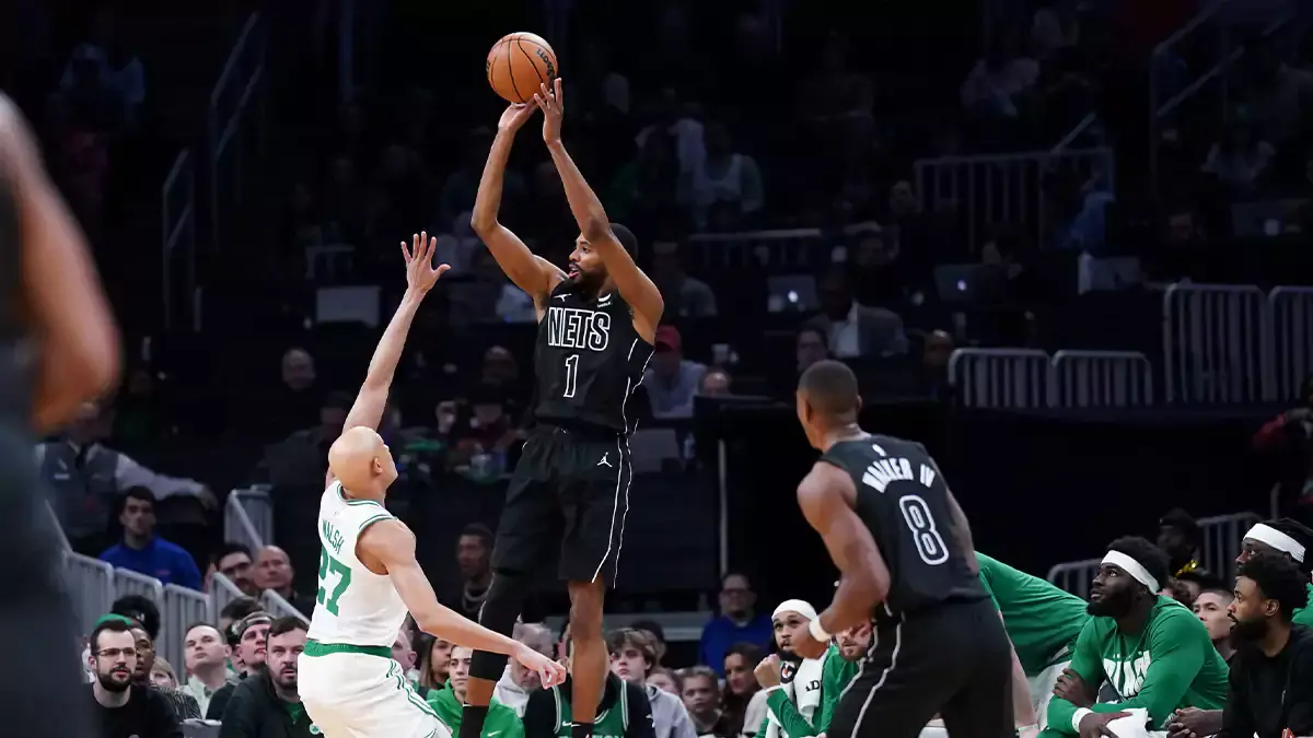 Nets Mikal Bridges shoots over Celtics Jordan Walsh