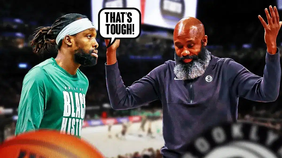 Patrick Beverley on one side with a speech bubble that says “That’s tough!” Jacque Vaughn on the other side