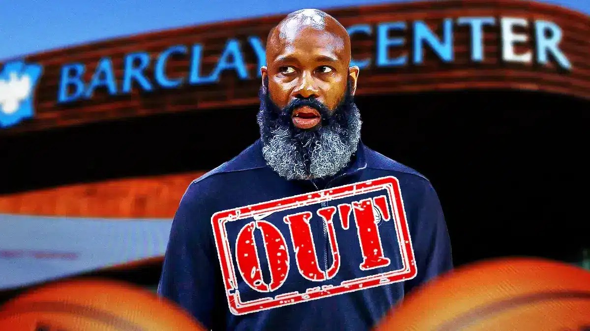 Nets head coach JAcque Vaughn with "OUT" label across him