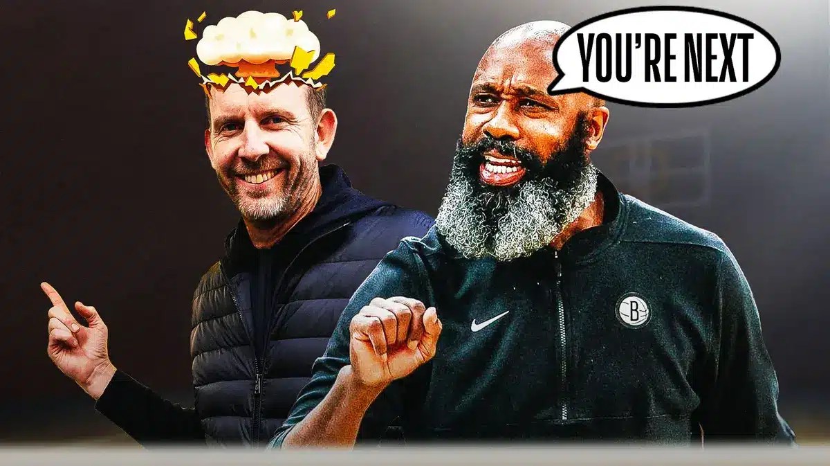 Nets GM Sean Marks with mind-blown head. Jacque Vaughn with speech balloon that says, “You’re next”