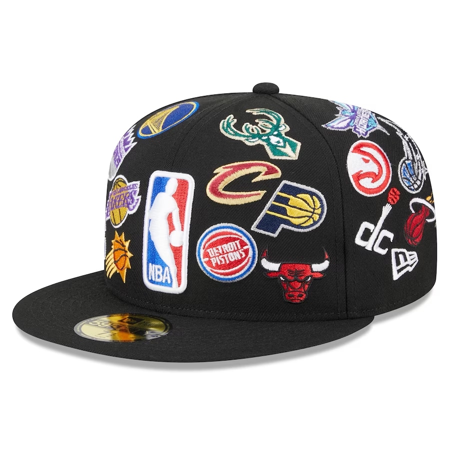 New Era 2024 NBA All-Star Game Allover Logos 59FIFTY Fitted Hat - Black colored on white background.