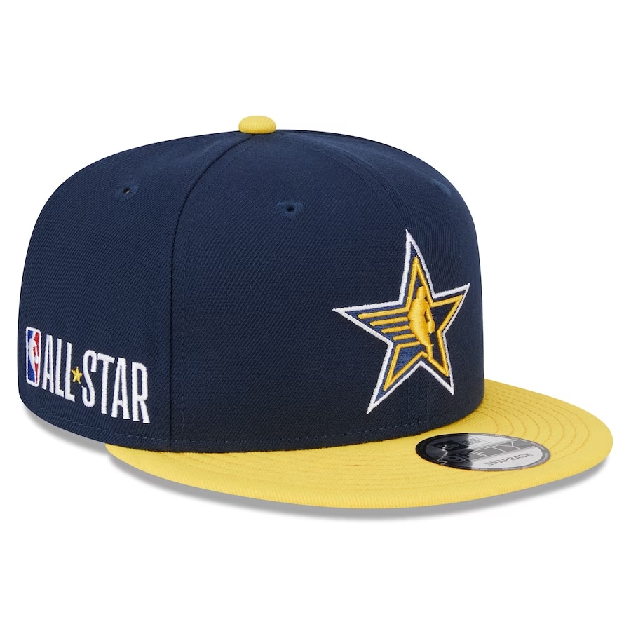 New Era 2024 NBA All-Star Game Arch Logo Two-Tone 9FIFTY Snapback Hat - Navy/Yellow colorway on a white background.