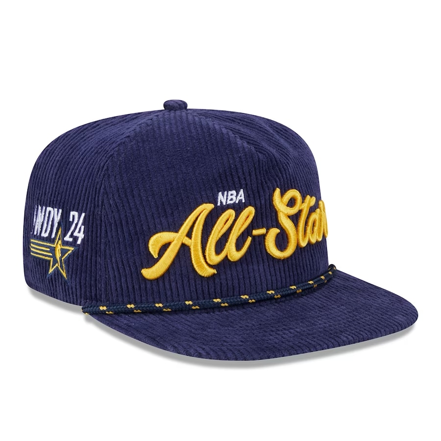 New Era 2024 NBA All-Star Game Corduroy Golfer Adjustable Hat - Navy colored on a white background.