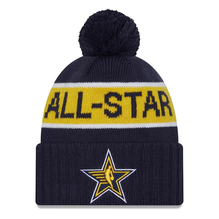 New Era 2024 NBA All-Star Game Cuffed Pom Knit Hat - Navy color on a white background.