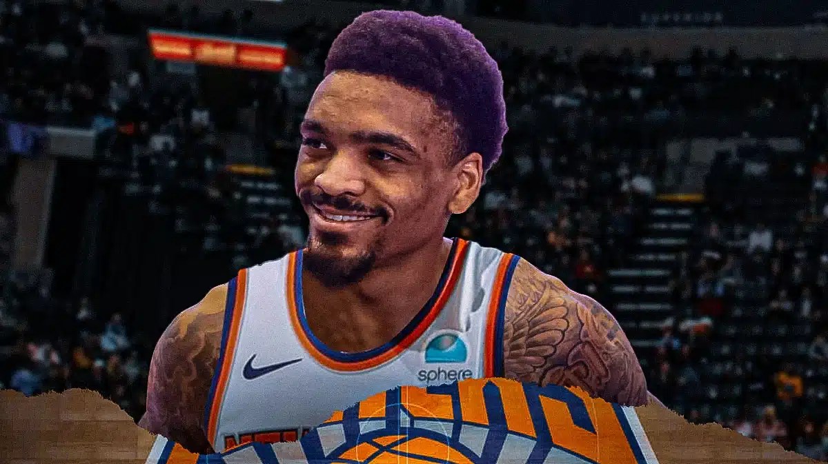 DaQuan Jeffries in a Knicks jersey with the Knicks arena in the background