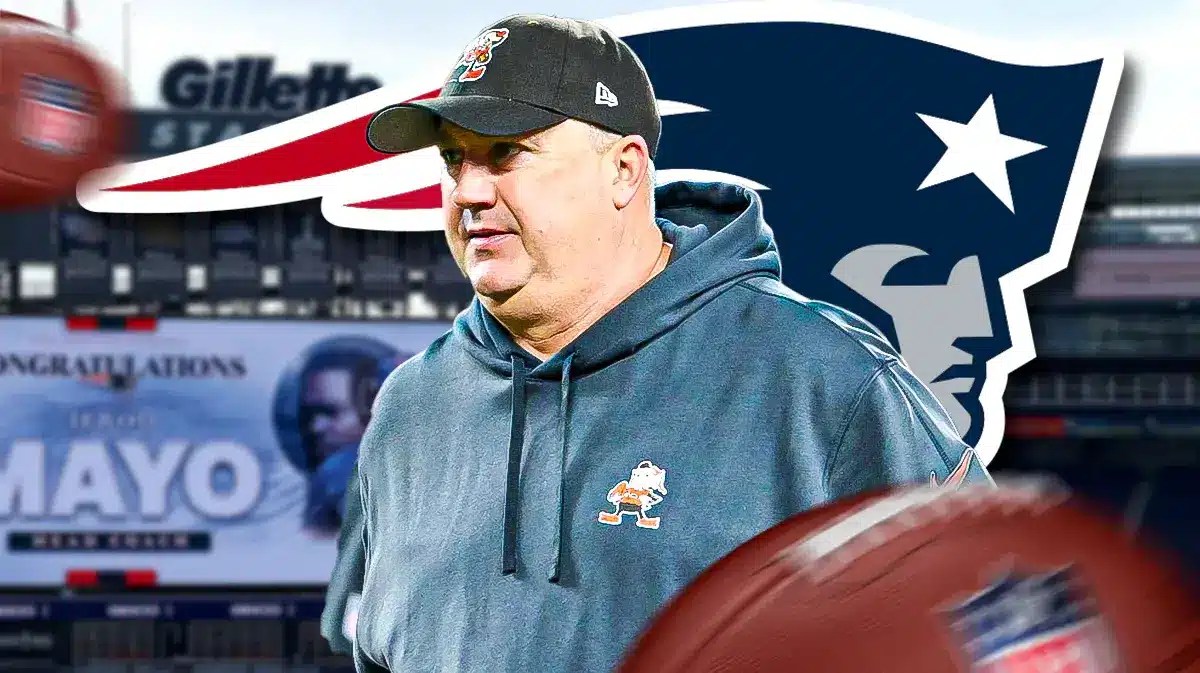 Former Browns offensive coordinator Alex Van Pelt stands in front of the Patriots logo, Jerod Mayo sign sits in the background