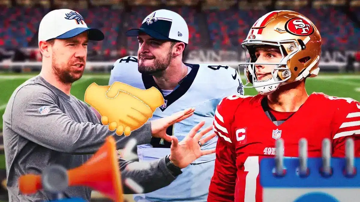 Klink Kubiak, Saints' Derek Carr shaking hands. Brock Purdy looking sad.