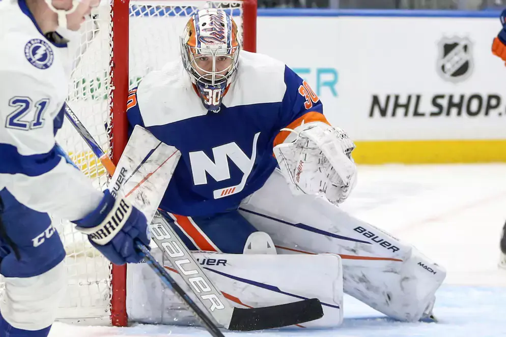 New York Islanders goaltender Ilya Sorokin (30) defends the net in the third period against the Tampa Bay Lightning at UBS Arena.