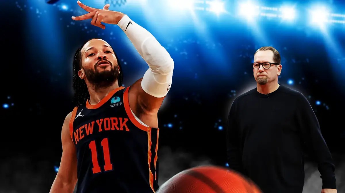 Knicks' Jalen Brunson celebrating in front of 76ers' Nick Nurse