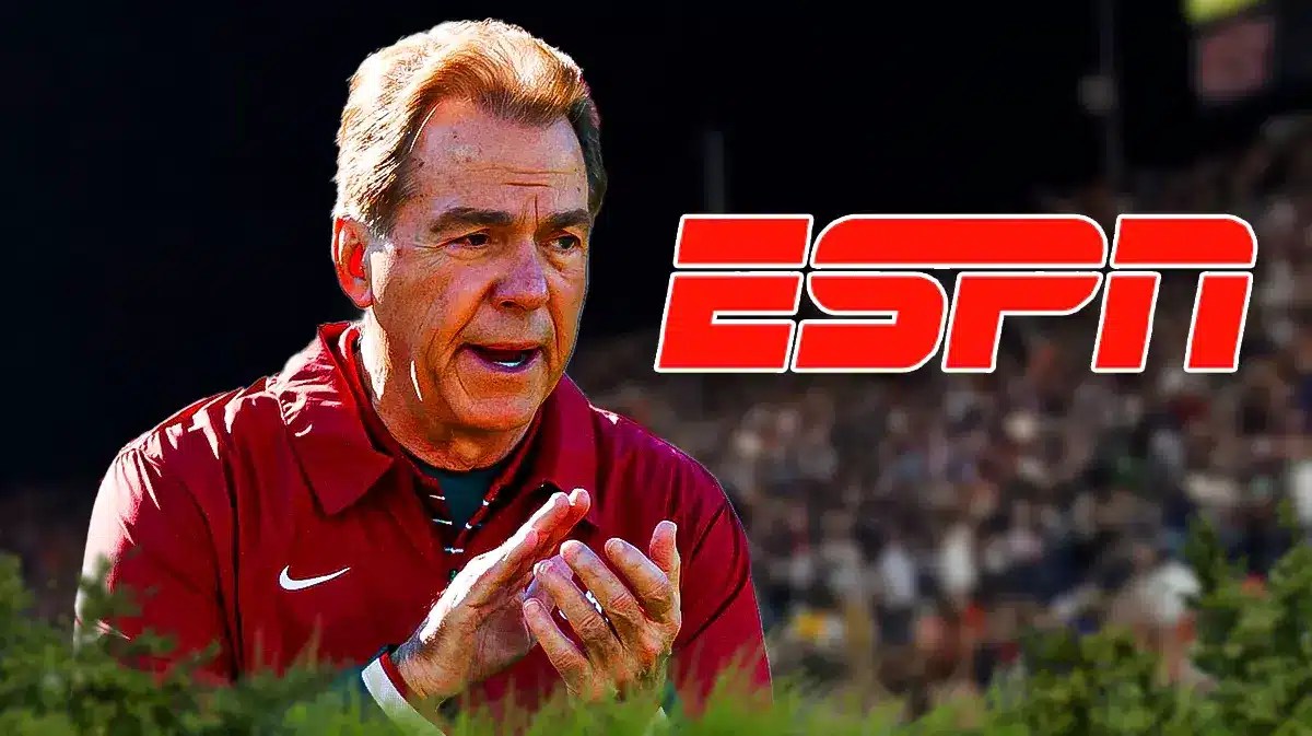 Nick Saban (ex-Alabama football head coach) with ESPN logo in the background