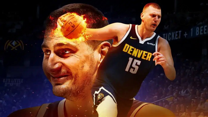 Nuggets' Nikola Jokic with flaming basketball, Ball Arena behind him