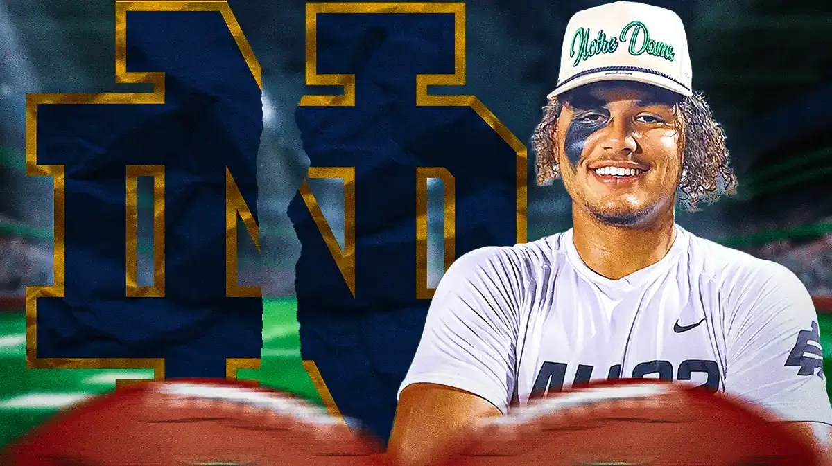 CJ May with a ripped up image of Notre Dame football logo