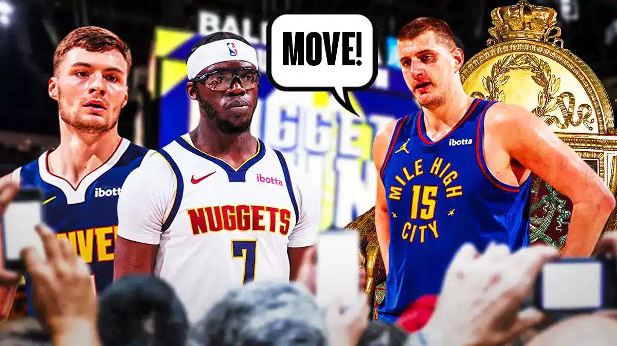 Thumb: Christian Braun, Reggie Jackson looking scared. Nikola Jokic sitting a throne saying, “Move!”, Nuggets