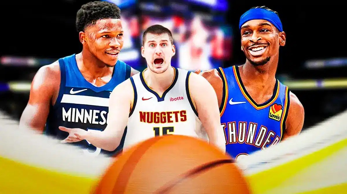 Timberwolves Anthony Edwards and Thunder Shai Gilgeous-Alexander large on the left and right, celebrating, flexing if possible, Nuggets' Nikola Jokic looking sad, much smaller than the other two, in the middle