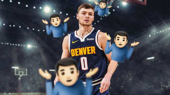Nuggets' Christian Braun next to a shrugging emoji