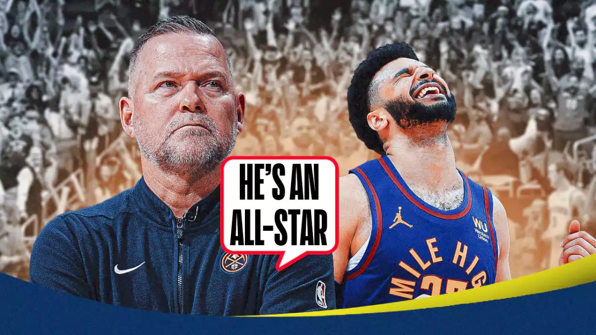 Michael Malone saying: 'He's an All-Star,' have Jamal Murray alongside Michael Malone with the Nuggets arena in the background