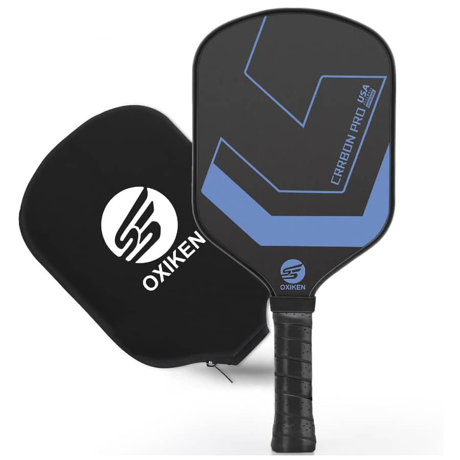 OXIKEN T700 Carbon Fiber Pickle Paddle - Black/Blue colorway on a white background.