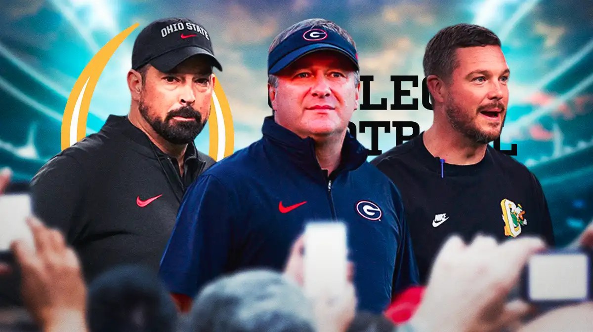 Ohio State football, Georgia football, Oregon football, Buckeyes, National signing day, Ryan Day, Kirby Smart and Dan Lanning with CFP logo at midfield of football field as the background