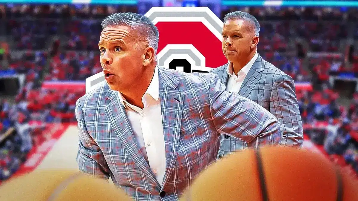 Chris Holtmann next to the Ohio State logo