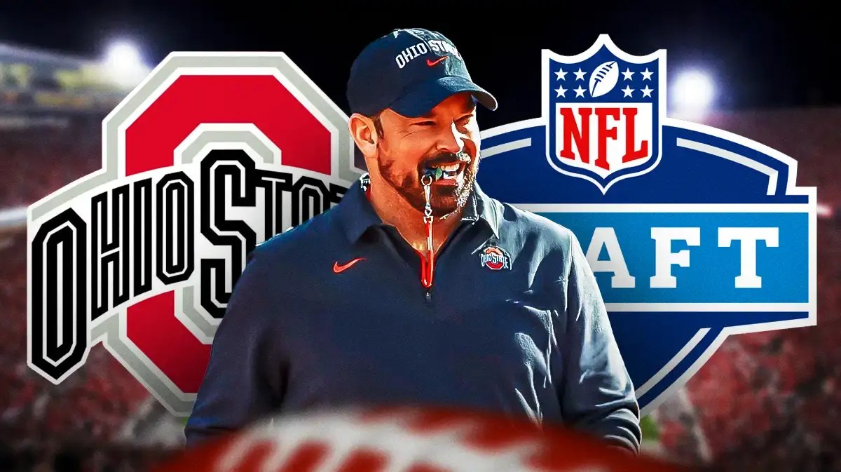 Ryan Day smiling. Ohio State logo. NFL Draft logo