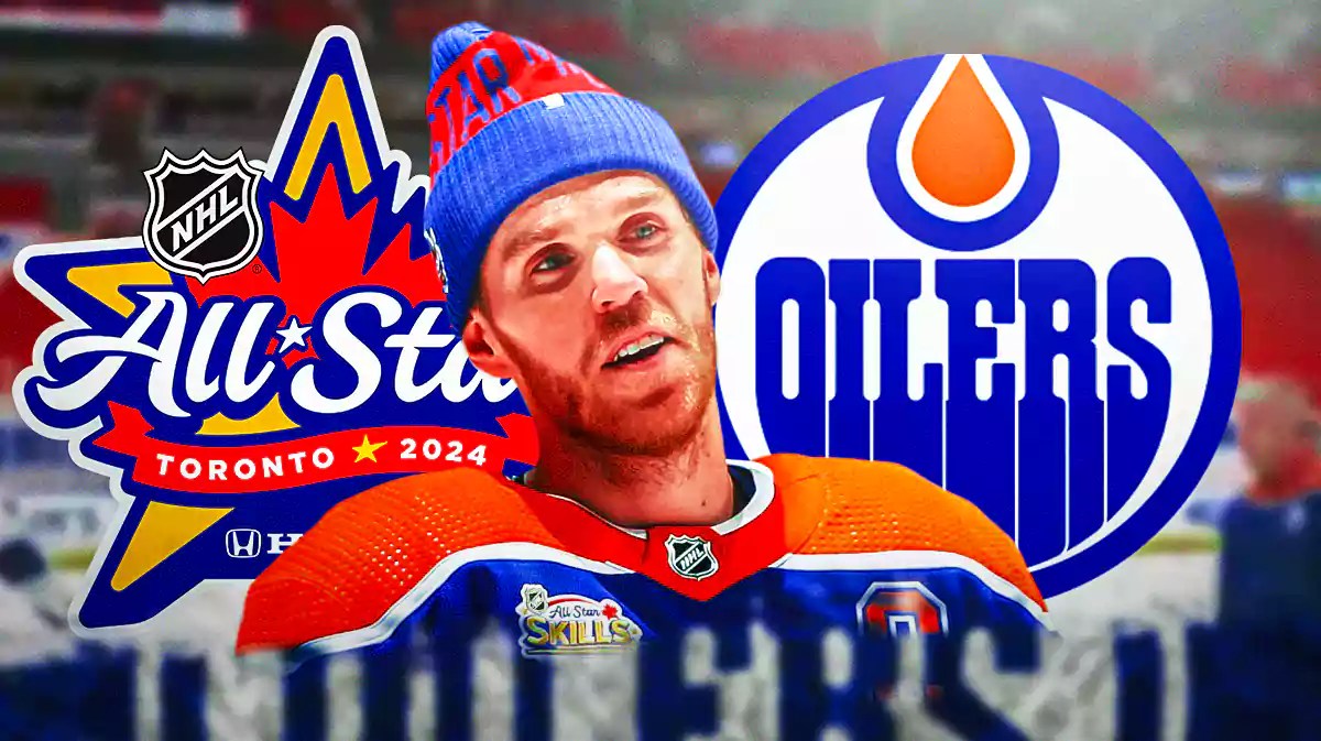 Oilers center Connor McDavid with All-Star logo behind him.
