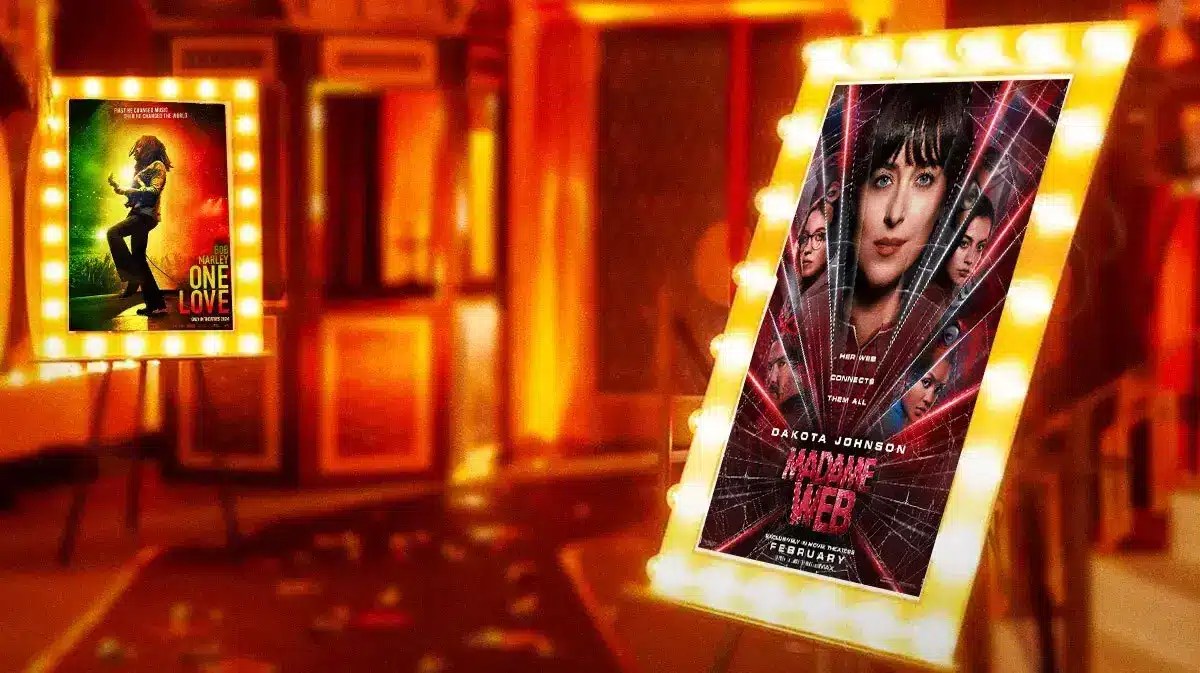 Posters for Bob Marley: One Love and Madame Web up in a movie theater