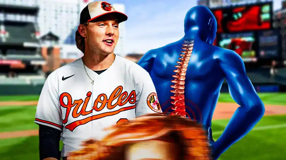 Orioles' Gunnar Henderson hyped up, with a diagram of an oblique injury beside Henderson