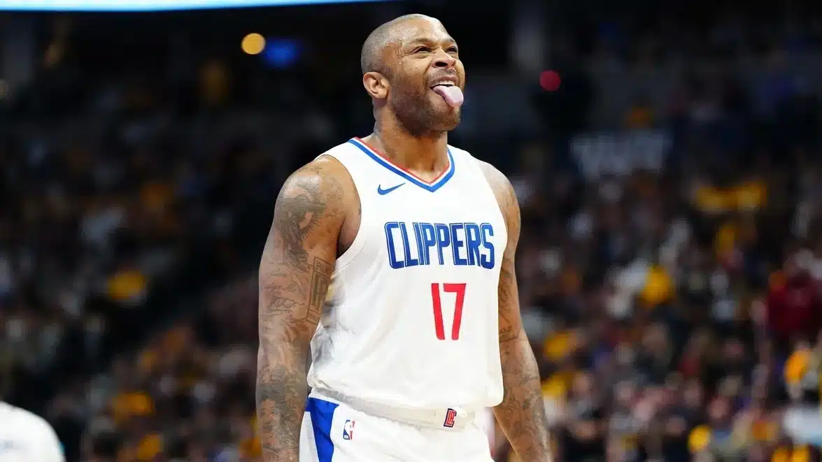 LA Clippers forward P.J. Tucker (17) reacts to a turnover in the second half against the Denver Nuggets at Ball Arena. 