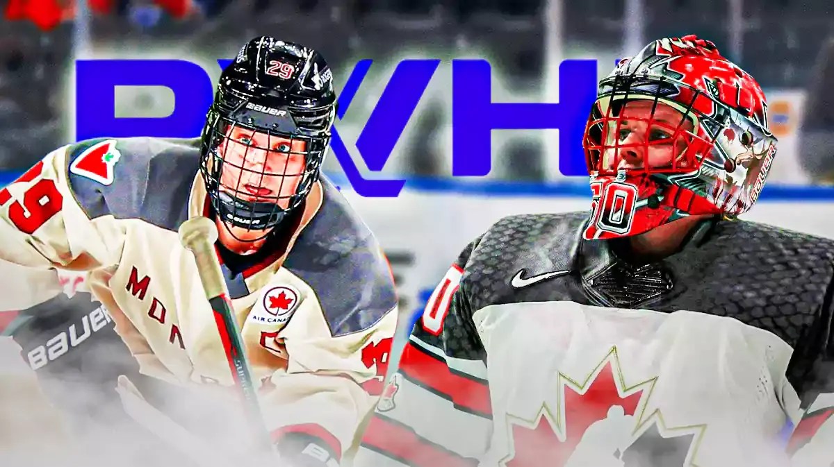 PWHL logo in middle, Montreal star Marie-Philip Poulin on one side, Toronto star Kristen Campbell on other side, hockey rink in background