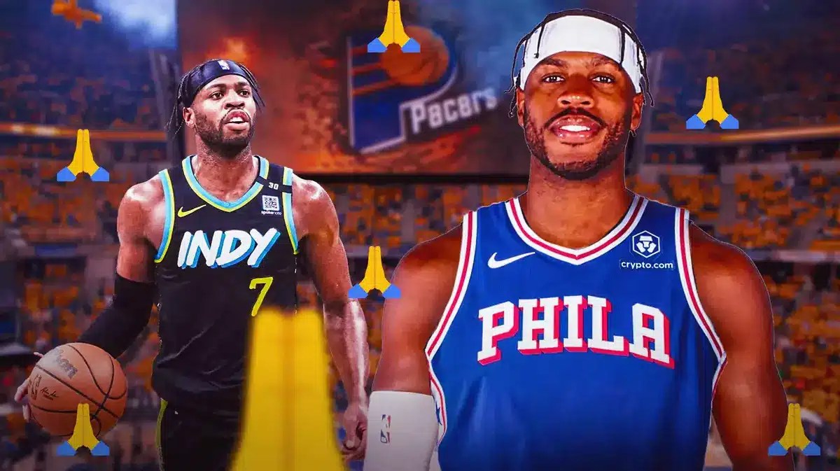 Pacers' Buddy Hield looking at a version of himself wearing a 76ers uniform, with prayer hands emoji all over