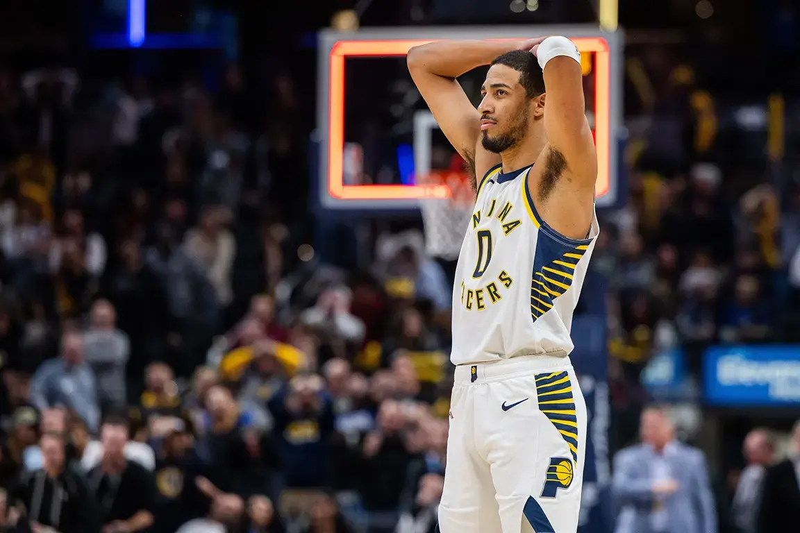 Indiana Pacers guard Tyrese Haliburton (0) reacts to losing to the Toronto Raptors at Gainbridge Fieldhouse