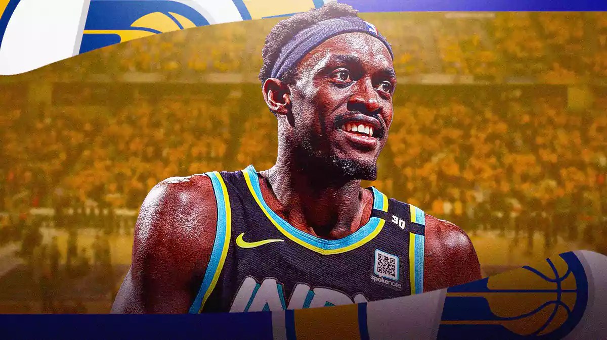 Pascal Siakam with the Pacers arena in the background