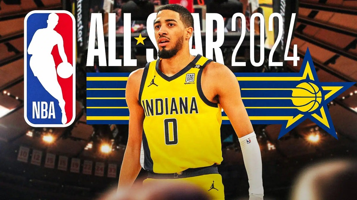 Tyrese Haliburton with the Pacers arena in the background and the 2024 NBA All-Star logo in the background