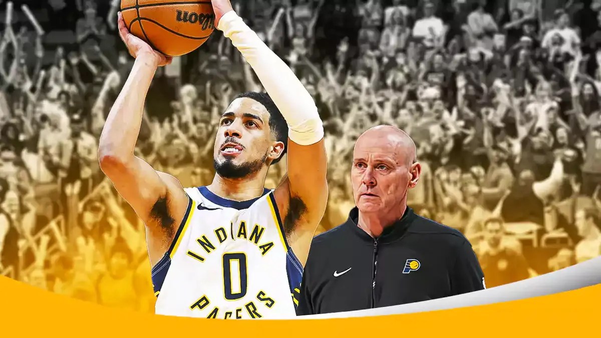 Tyrese Haliburton shooting the basketball in Indiana Pacers Jersey, Rick Carlisle