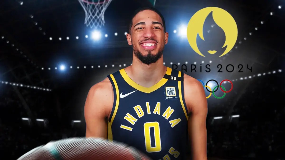 Pacers' Tyrese Haliburton next to the Olympics logo