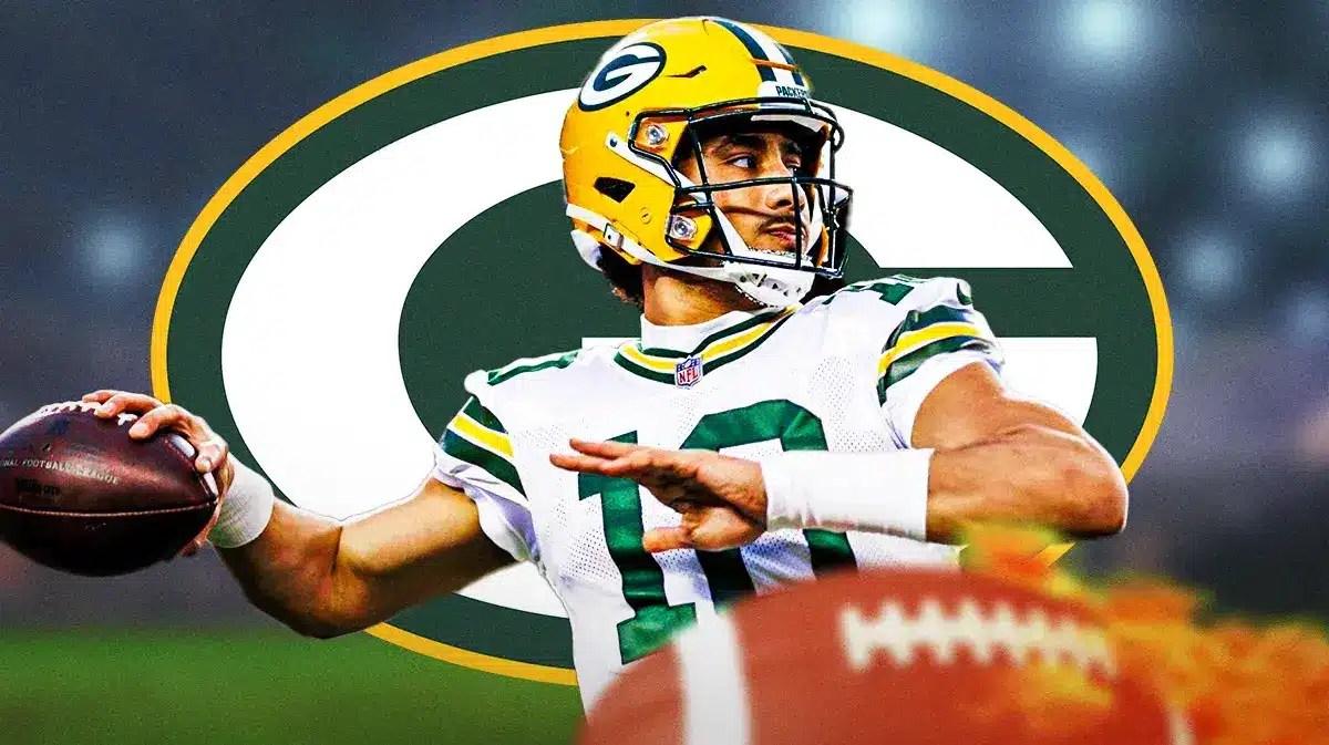 Packers' Jordan Love throwing a football with the Packers' logo in background.
