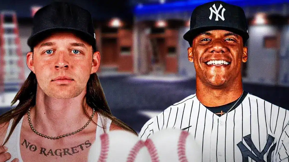 Padres' Michael King as the “No ragrets” guy, with Yankees' Juan Soto on the side smiling at him