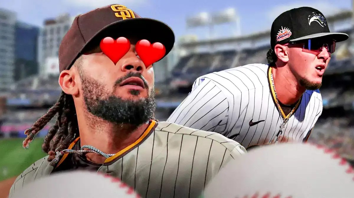 Photo: Fernando Tatis Jr with heart eyes looking at Jackson Merrill, both in Padres jerseys