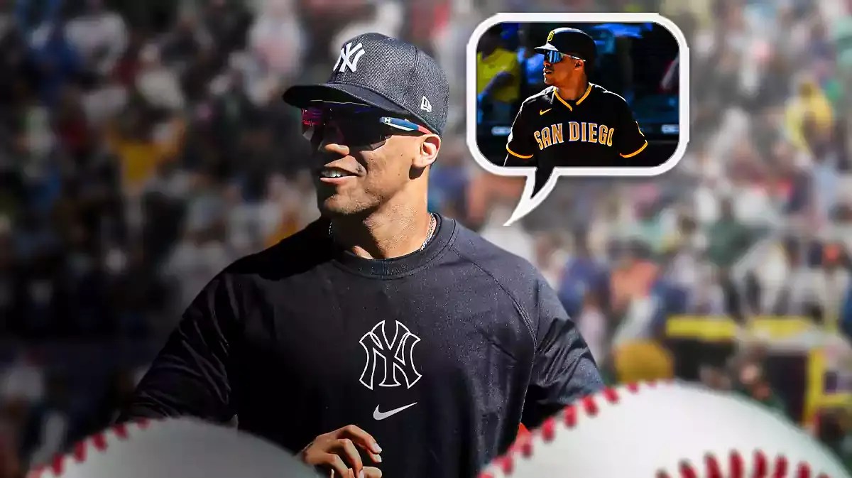 Yankees' Juan Soto. In the thought bubble, place Juan Soto in a Padres jersey.