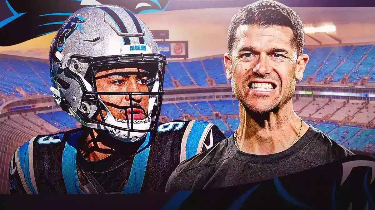 Carolina Panthers head coach Dave Canales and star Bryce Young in front of Bank of America Stadium.