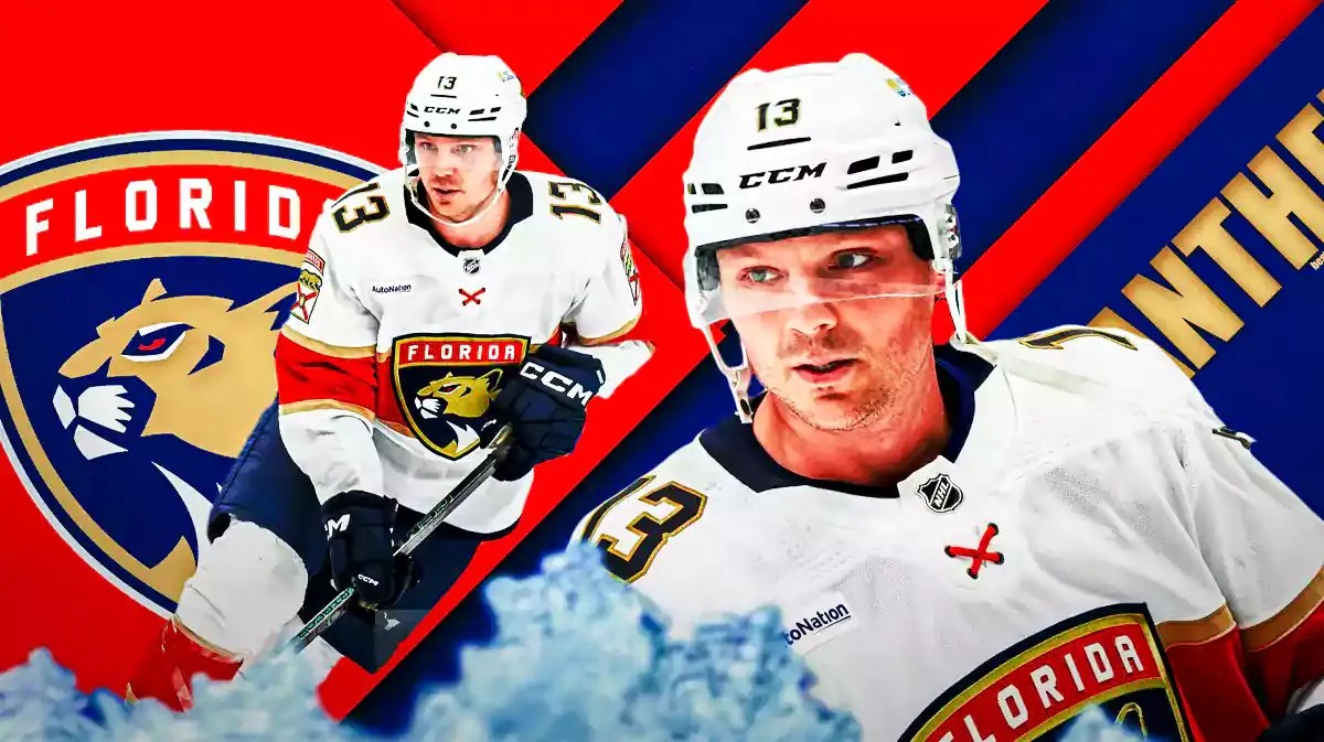 Florida Panthers star Sam Reinhart in front of the logo.
